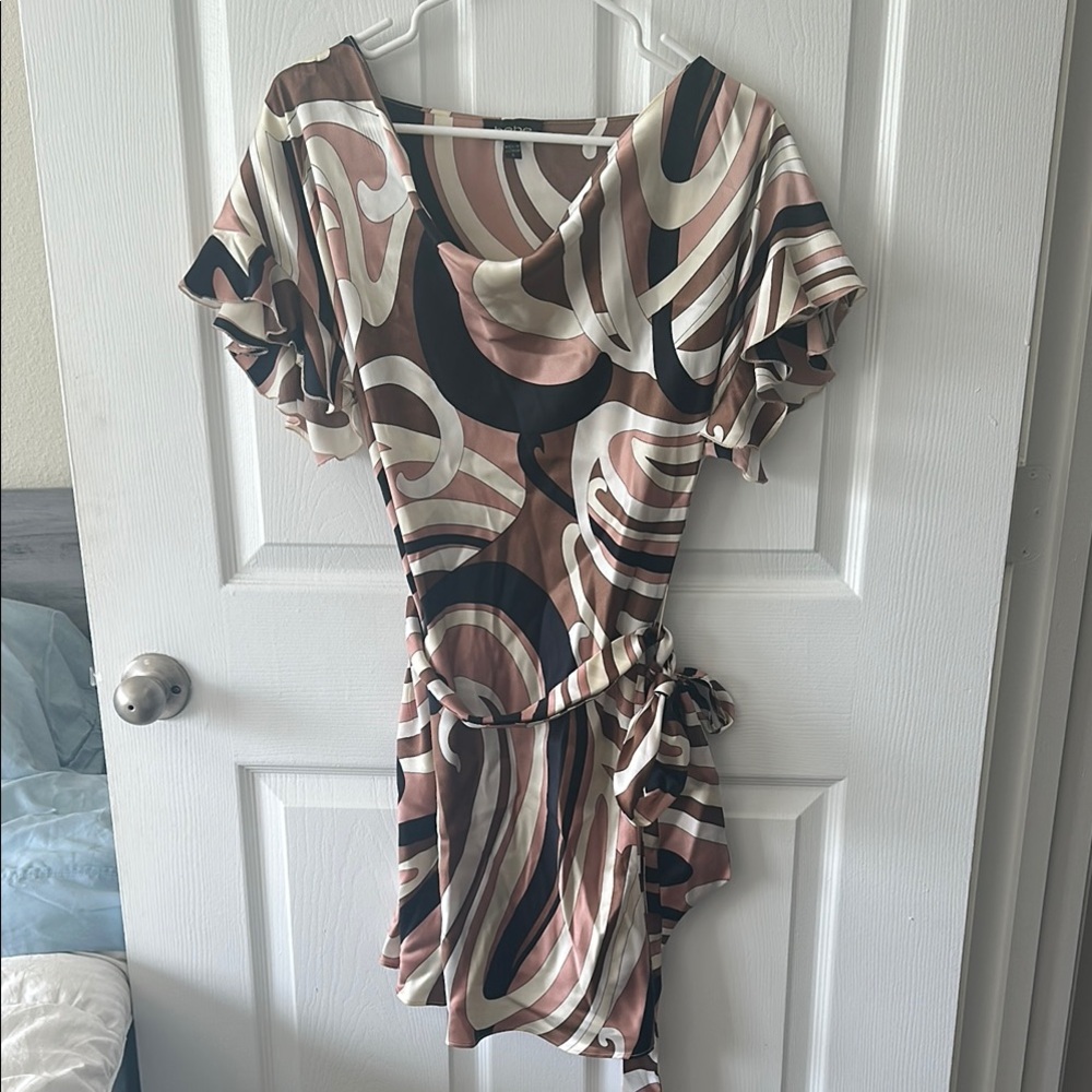 bebe Asymmetrical Dress in Black, Cream, and Brown